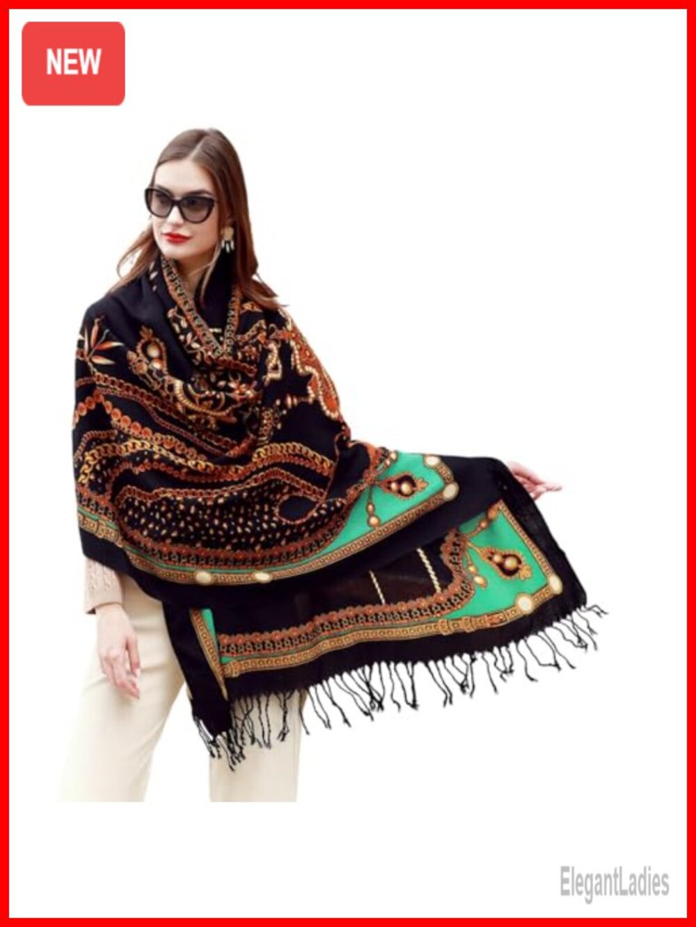 100% Merino Wool Oversized Pashmina Shawl Wrap with Tassels 96x43